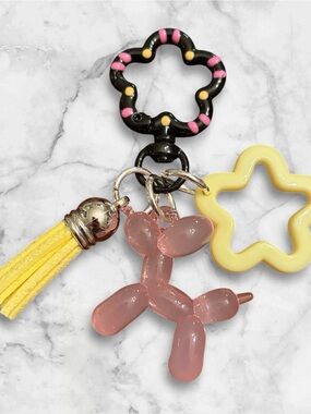 Pink Balloon Dog Keychain with Yellow Tassel & Flower Charms